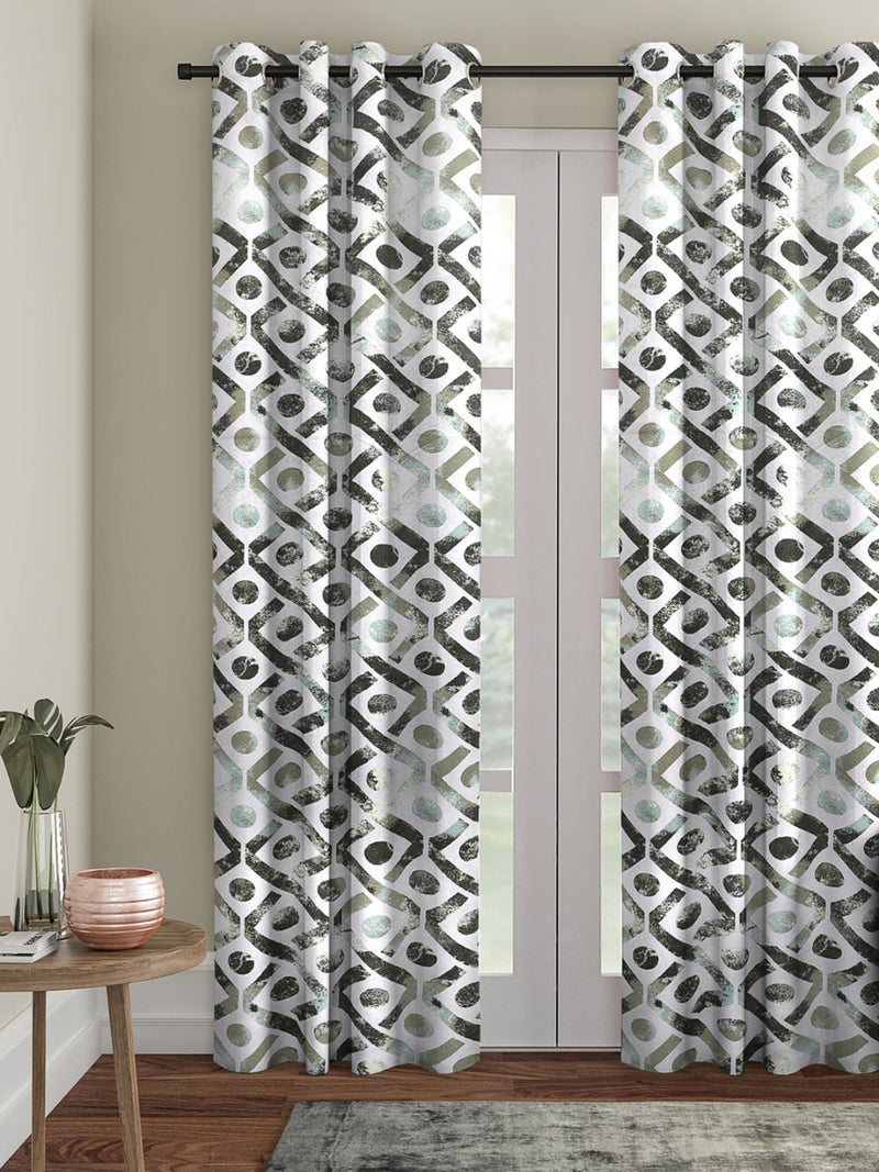 Geometric Printed Velvet Curtain for Door - Silver & Green